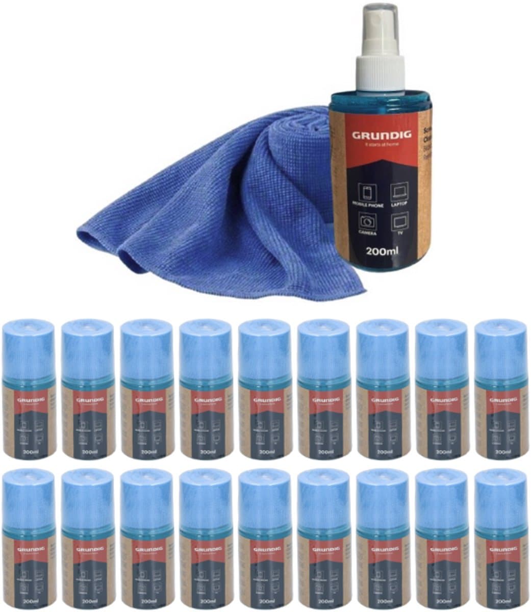 Grundig Screen Cleaning Spray – Set van 18 x 200 ml – Inclusief Microvezel Reinigingsdoek – Voor Streeploze Reiniging van Schermen, TV, Laptop, Smartphone & Tablet