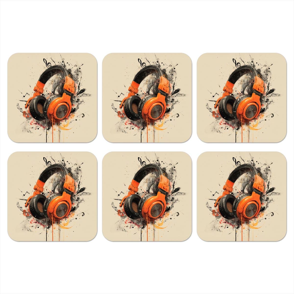 Onderzetters voor glazen - Koptelefoon - Oranje - Explosief - 10x10 cm - Glasonderzetters - 6 stuks