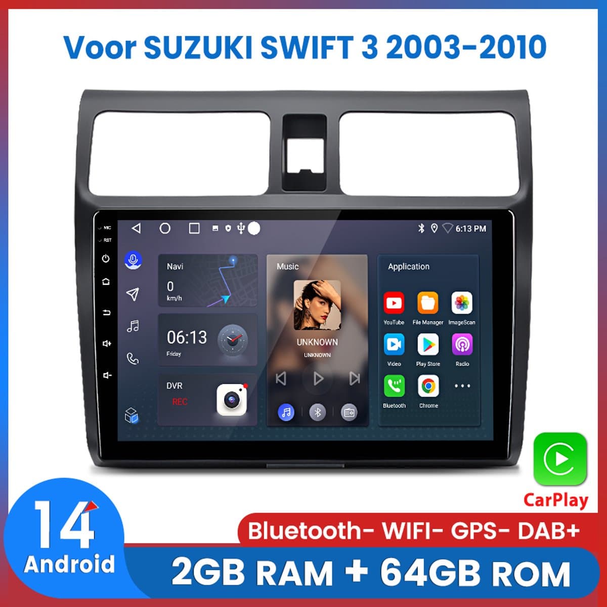 Awesafe Geschikt voor SUZUKI SWIFT 3 (2003 t/m 2010) - 2+64GB 4Core - 10.1 inch Android 14.0 CarPlay Autoradio - Draadloos CarPlay & Android Auto - Bluetooth & WiFi - GPS Navigatie