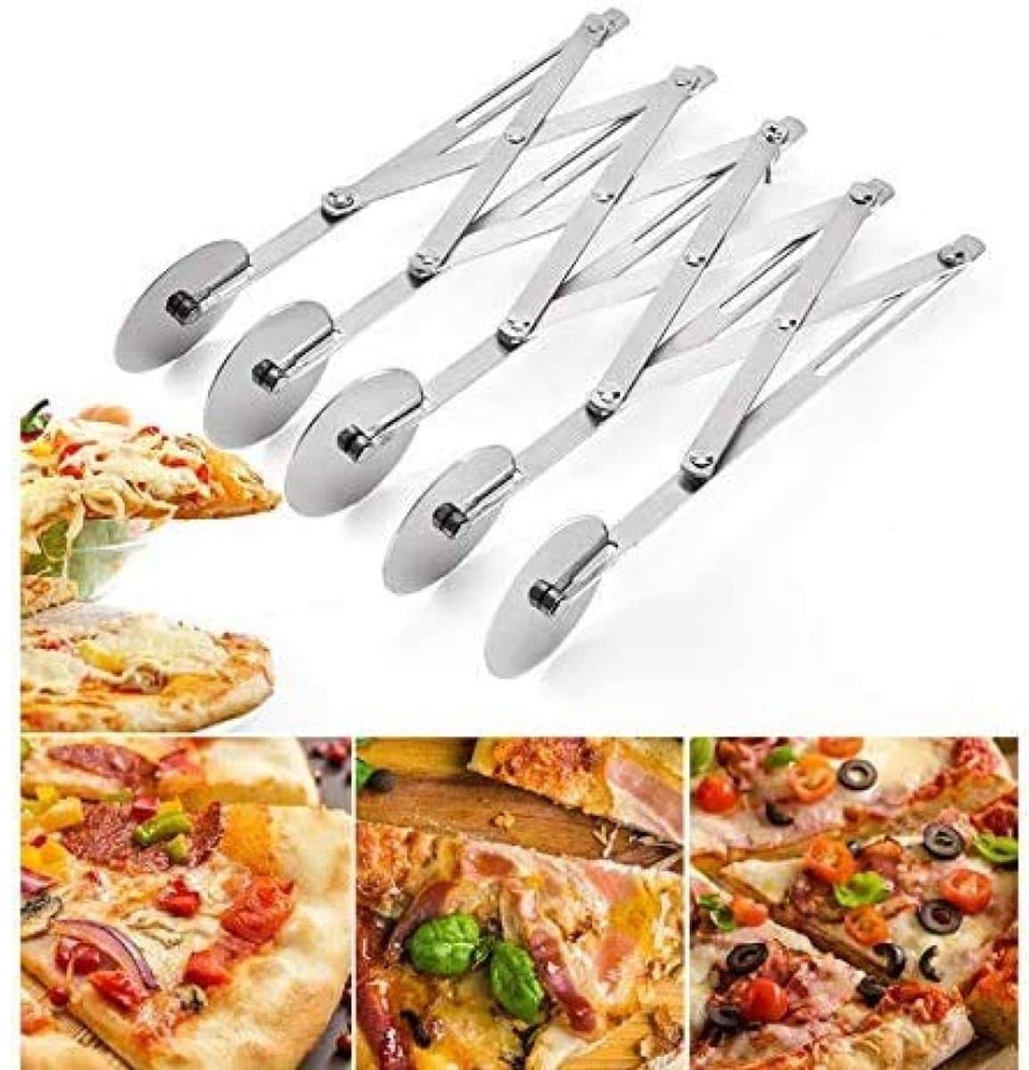 Peysaitr – Verstelbare Pizzasnijder – 5 RVS Wielen – Teigschneider, Gebak- en Pizzacutter, Kuchenteiler voor Pizza en Taart – Zilver