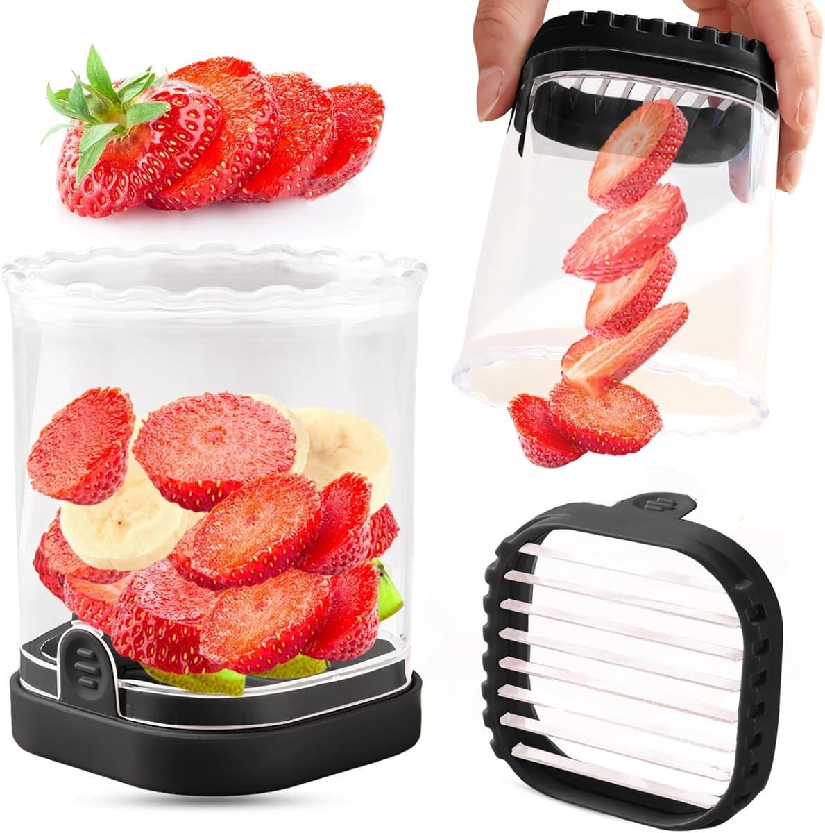 Peysaitr – Fruitsnijder - Multifunctionele Keukenhulp Voor Aardbei, Banaan, Druif & Ei - Afneembare Mesjes - Obstsnijder Met Drukplaat - Creatieve Keukentool - Zwart