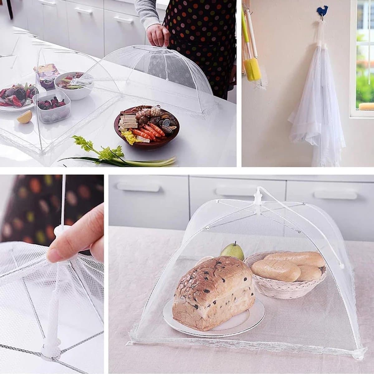longziming -4-delige Voedselhoes Set – Opvouwbare Vliegenkap voor Eten 30cm – Herbruikbare Voedselbescherming met Fijn Net – Ideaal voor BBQ, Picknick, Fruit, Taart en Buitenmaaltijden