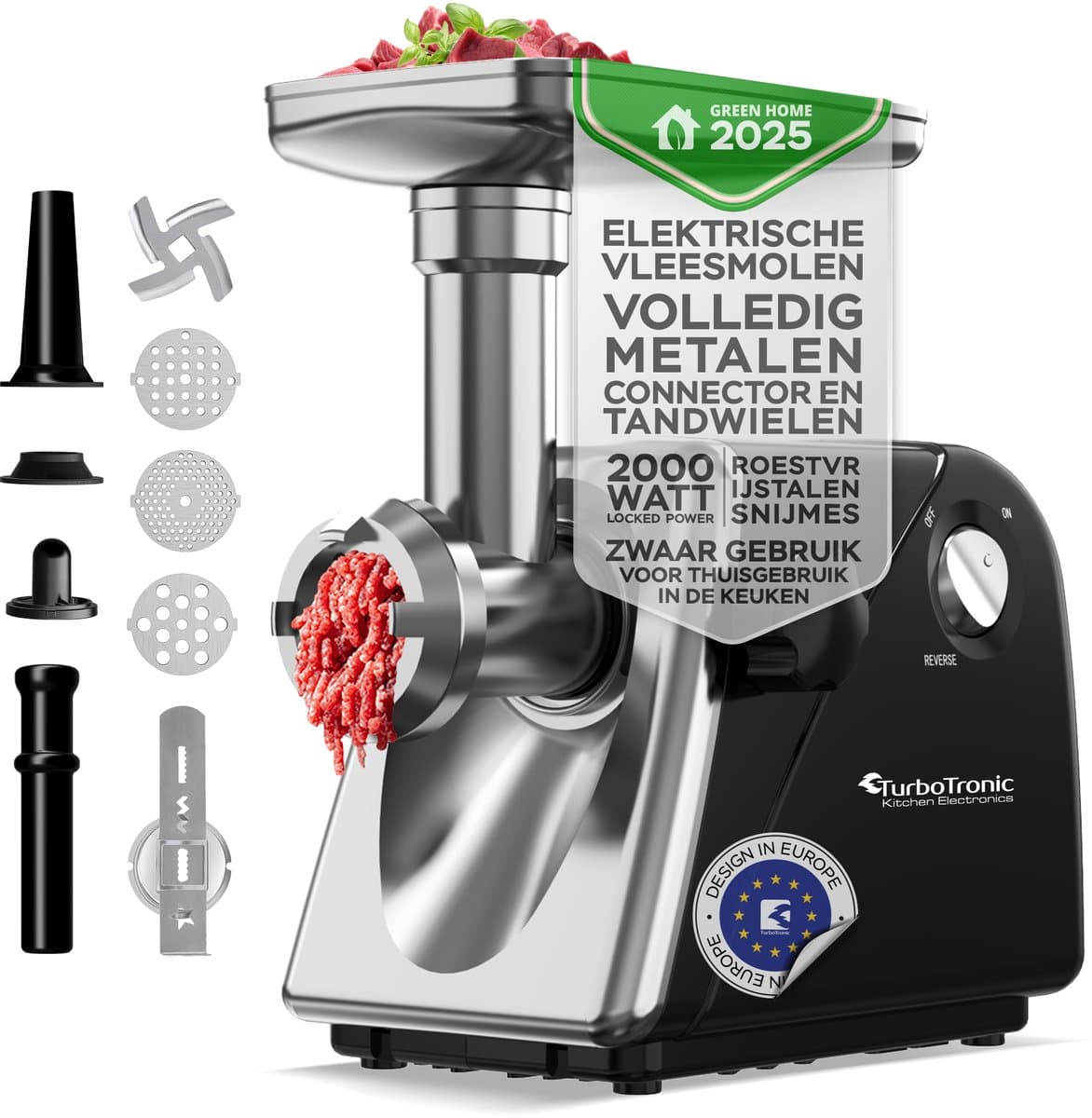 TurboTronic MG20 Elektrische Vleesmolen - Gehaktmolen - 2000W - Zwart/Chroom