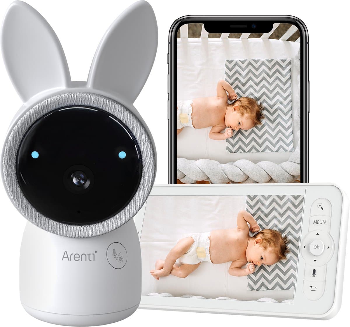 Arenti AINanny 4MP - 64GB - Baby Monitor - Wifi Babyfoon met 5 inch scherm - Ultra HD 2K Resolutie - Met App - Slaapliedjes - Alexa & Google - Dual Band Wifi - Melding Bij Beweging En Geluid - Op Afstand Beweegbaar
