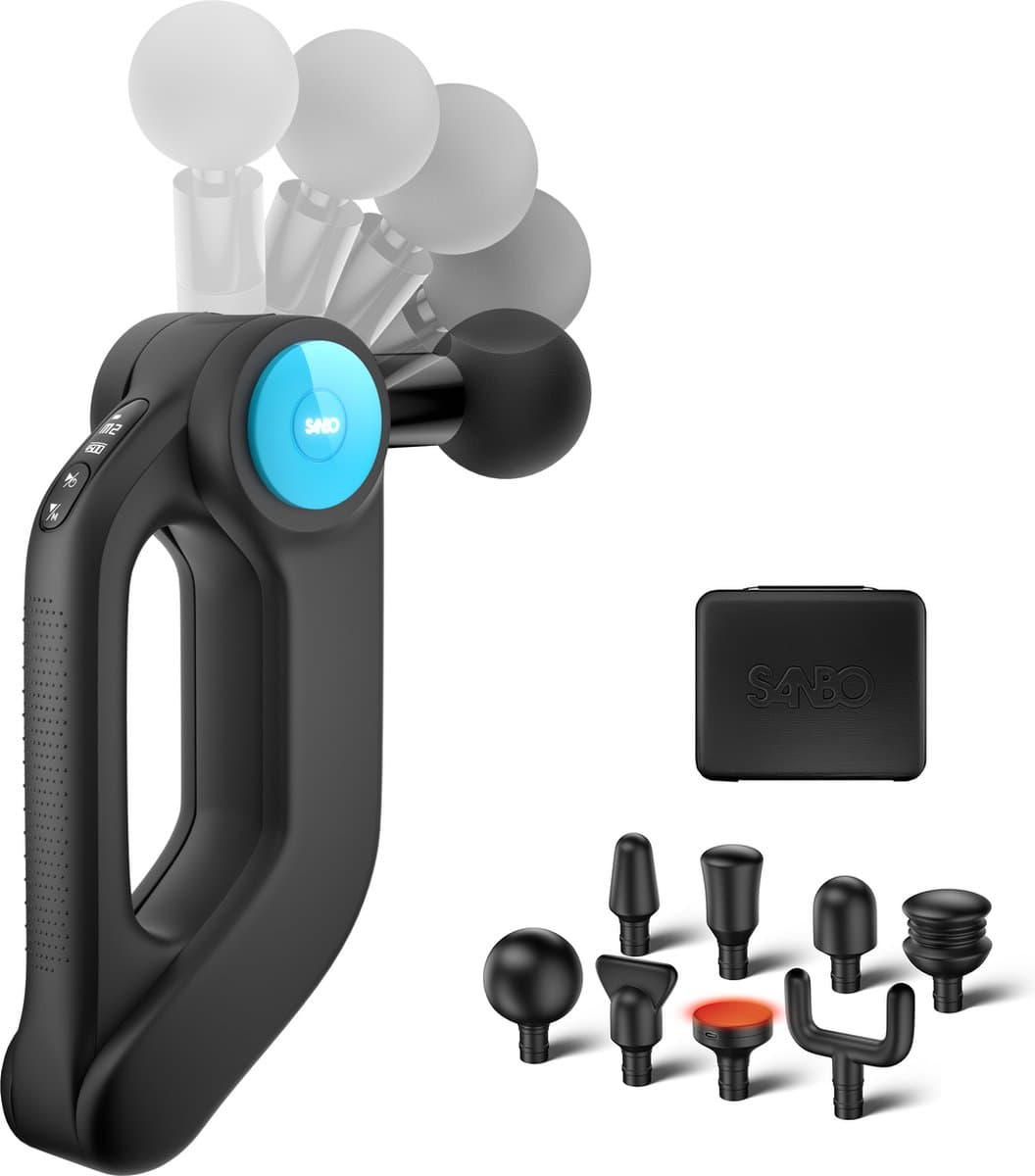 Sanbo Massage Gun Professioneel Pro Plus - Krachtig 4500 RPM - Inclusief Verwarmend opzetstuk - Massage pistool - Sport en Relax Massage Apparaat - Fitness - Zwart / Blauw