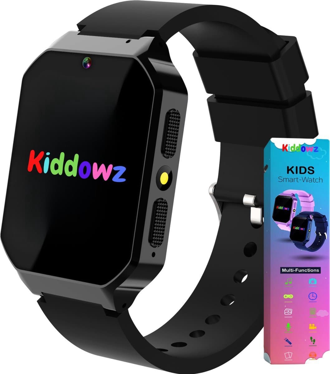 Kiddowz Smartwatch kinderen - Kinderhorloge - 5 t/m 12 jaar - met camera, filters en 26 kids spelletjes - Stappenteller - Zwart V1