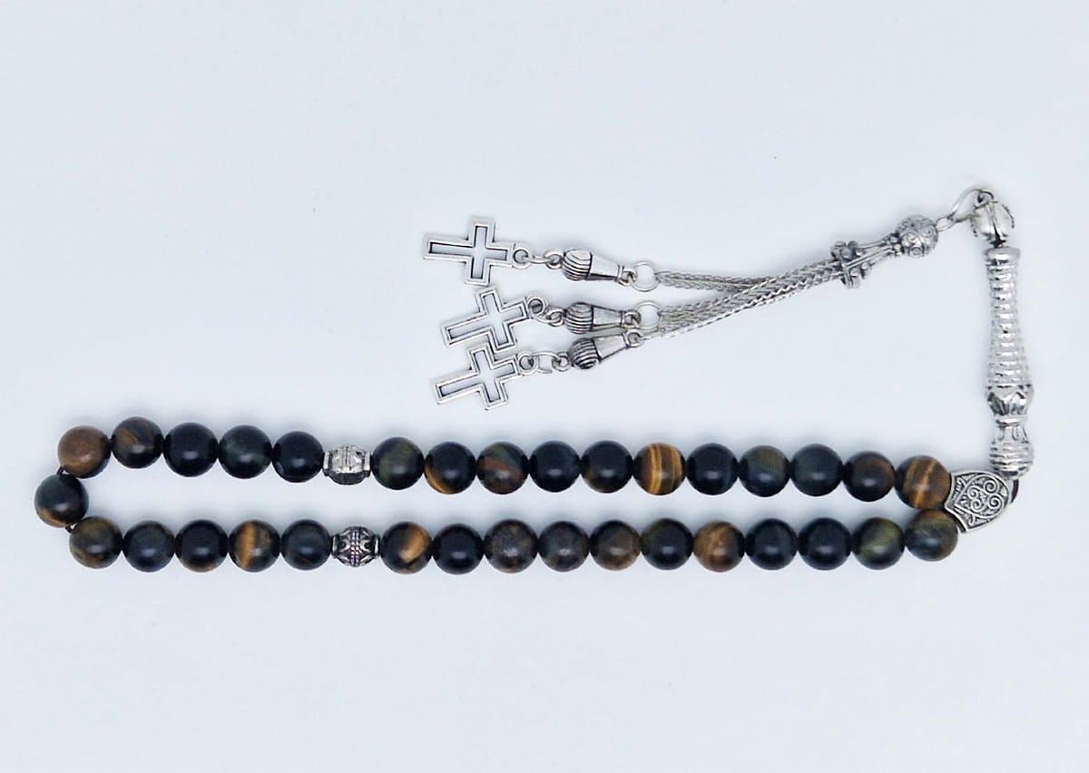 Handgemaakte tesbih klassiek - "Tasbih" natuursteen "Tijgeroog" - Aantal kralen 33 - Diameter kralen 8 MM - met metaal tassel "Kruis" - Een mooi cadeau-idee