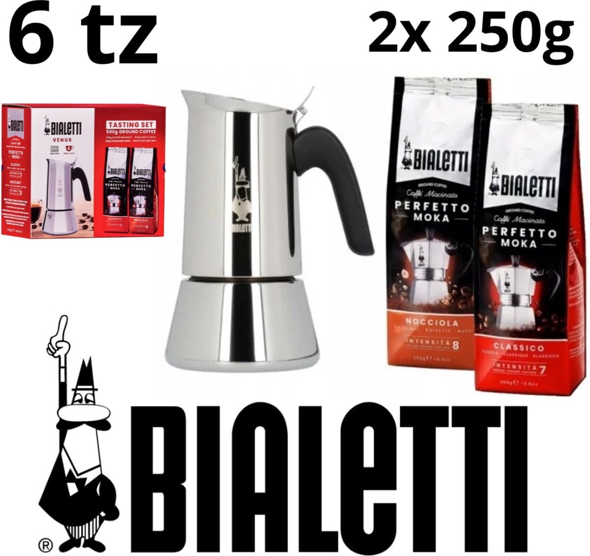 Bialetti Venus 6tz koffiezetapparaat set + Nocciola koffie 250g + Classico koffie 250g, Percolator, Italië, voordeelpack, kerstpakket, ideal kerst cadeau, koffieliefhebbers, uniek gift