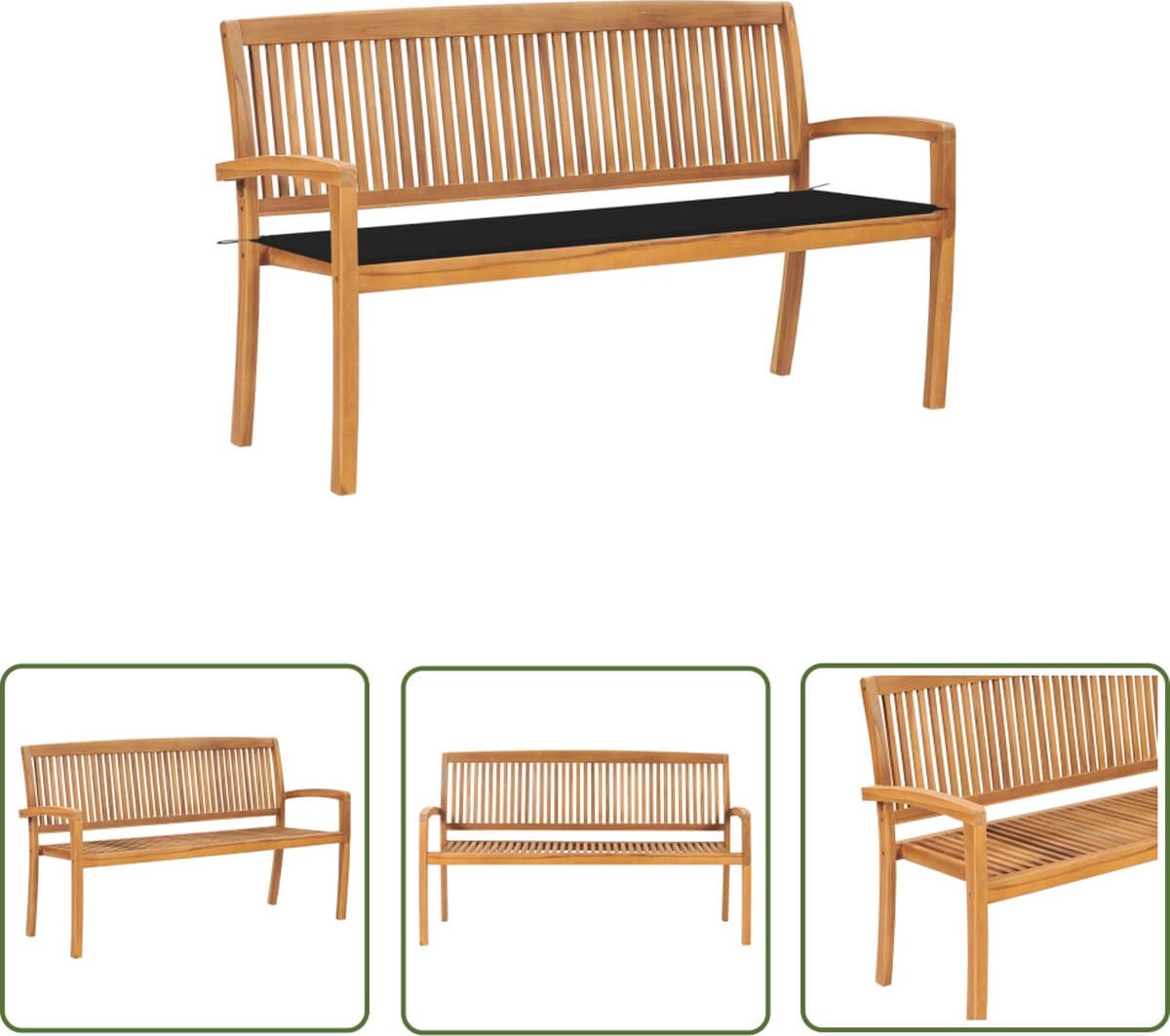 The Living Store Teakhouten Tuinbank - Klassiek Design - Stapelbaar - Zwart Kussen