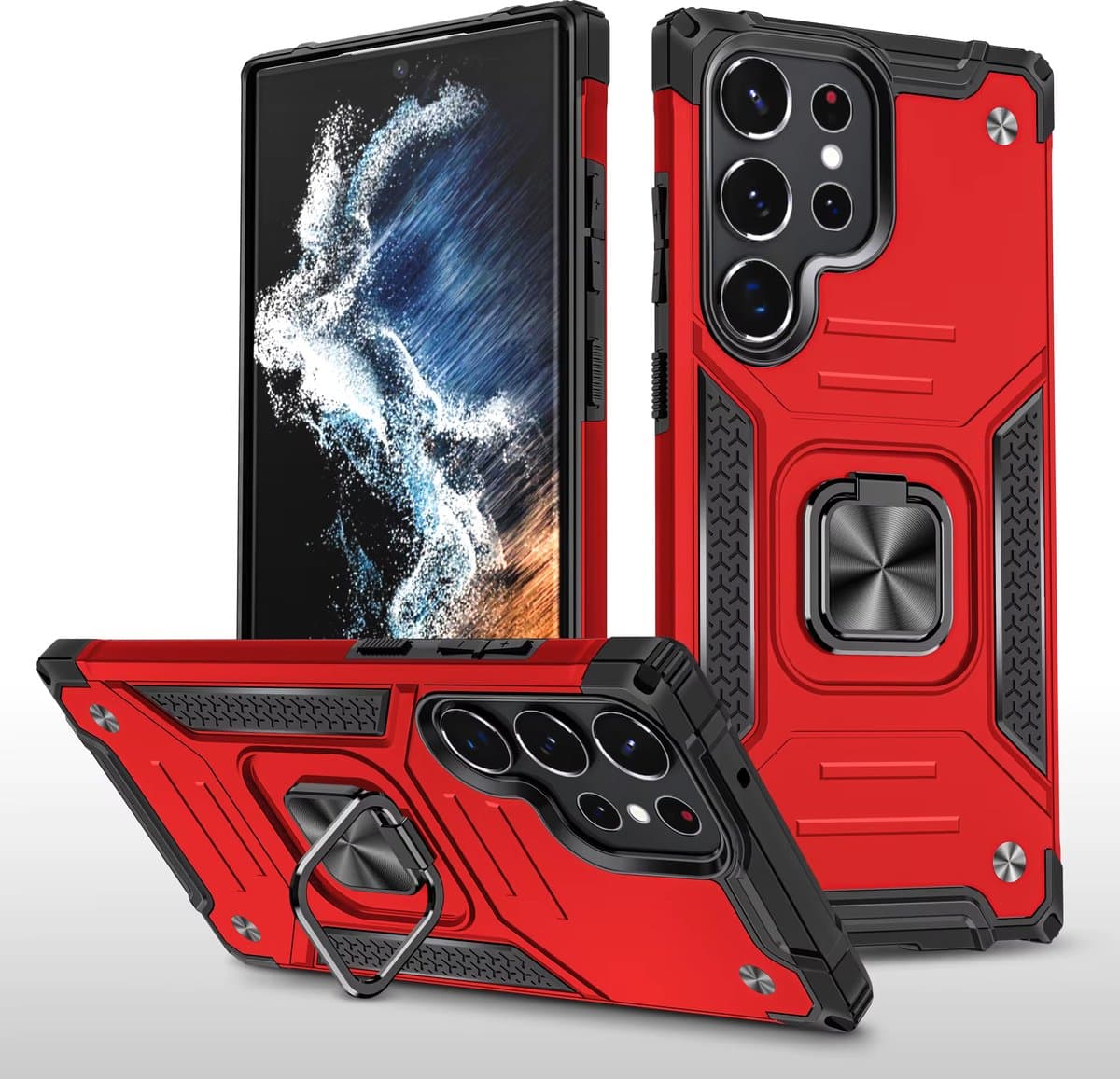 Samsung Galaxy A22 4G Armor Anti-Shock Telefoonhoes met Ringhouder - Schokbestendige Hoesje met Stijlvolle Bescherming Rood