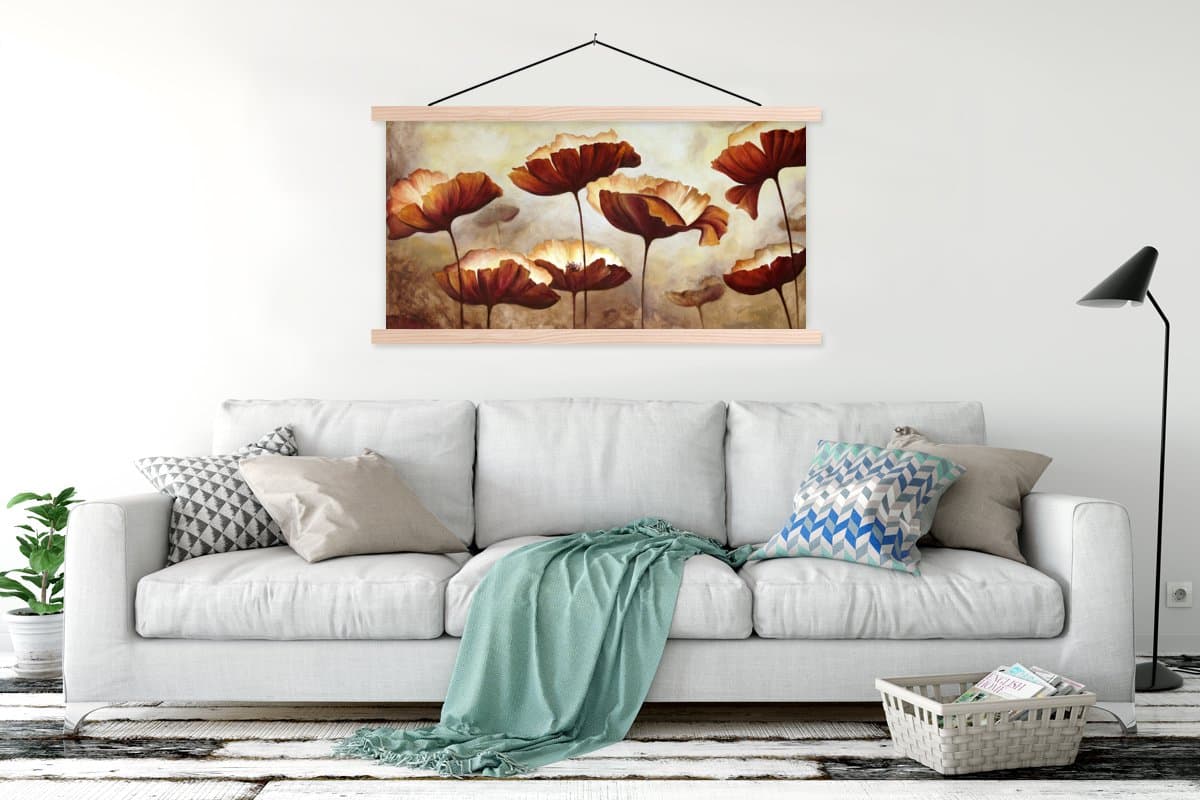 Posterhanger incl. Poster 120x60 cm - Schoolplaat - Schilderij - Bloemen - Olieverf - Planten - Textielposter - Blanke latten