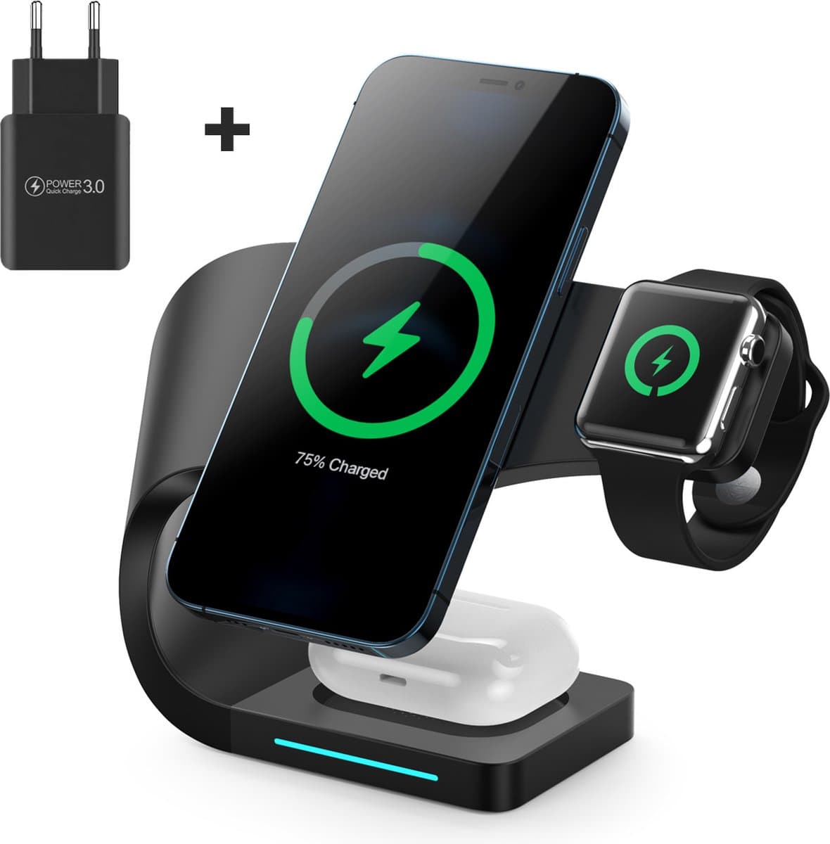 Frenkies® 4-in-1 Draadloze Oplader - 15W Snellader - Qi Oplaadstation - Geschikt voor MagSafe, Apple Watch - Smartphone & Oortjes - Wireless Charger - Dockingstation