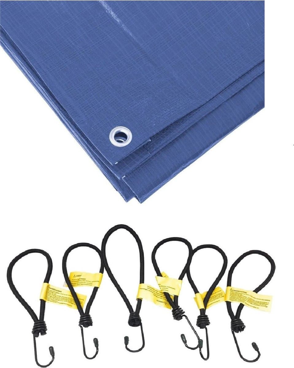 Blauw afdekzeil / dekzeilen van 4 x 6 meter met 24x spanners/elastieken haakjes
