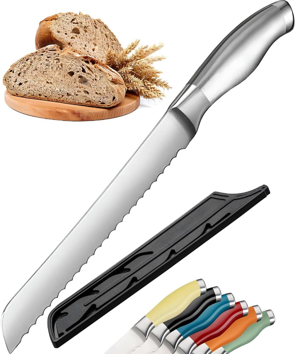 KIRA® Broodmes - Ergonomisch Design - Voor Vers Brood & Gebak - Zilver - 20cm x 20cm x 20cm