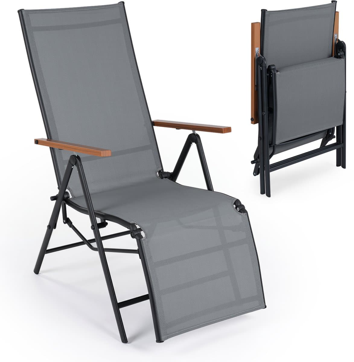 SureDeal® - Tuinstoel - Opvouwbare Ligstoel Verstelbare - Rugleuning Standen Armleuningen - Ademend Weefsel - 57x72x138 cm - Zwart