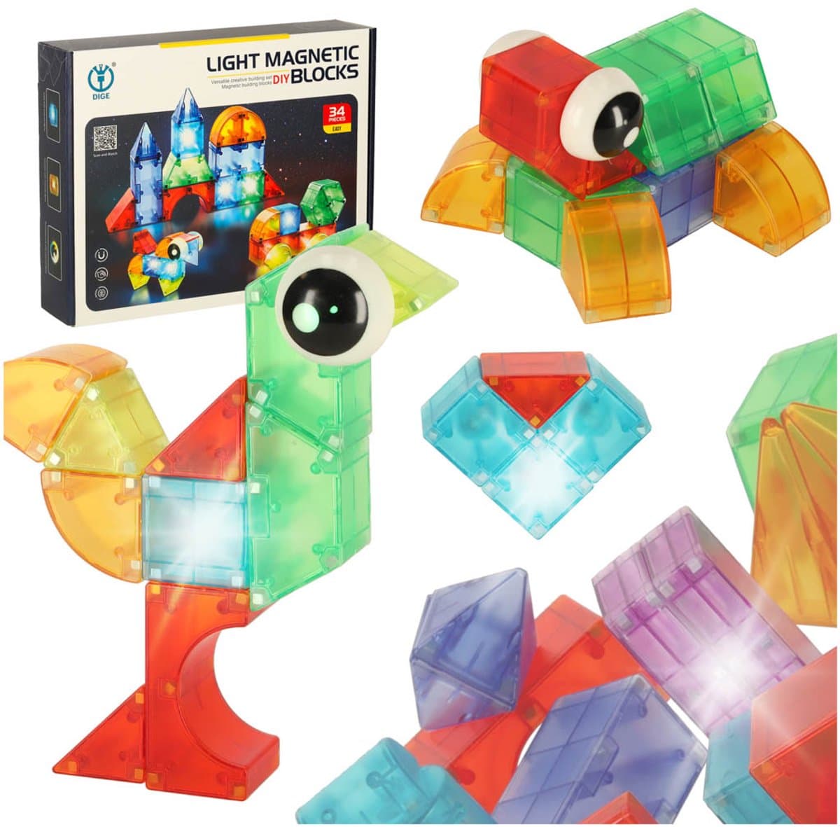 Magnetic Tiles - Magnetische Tegels Lichtgevend - 34 Delige Set - 3D Blokken