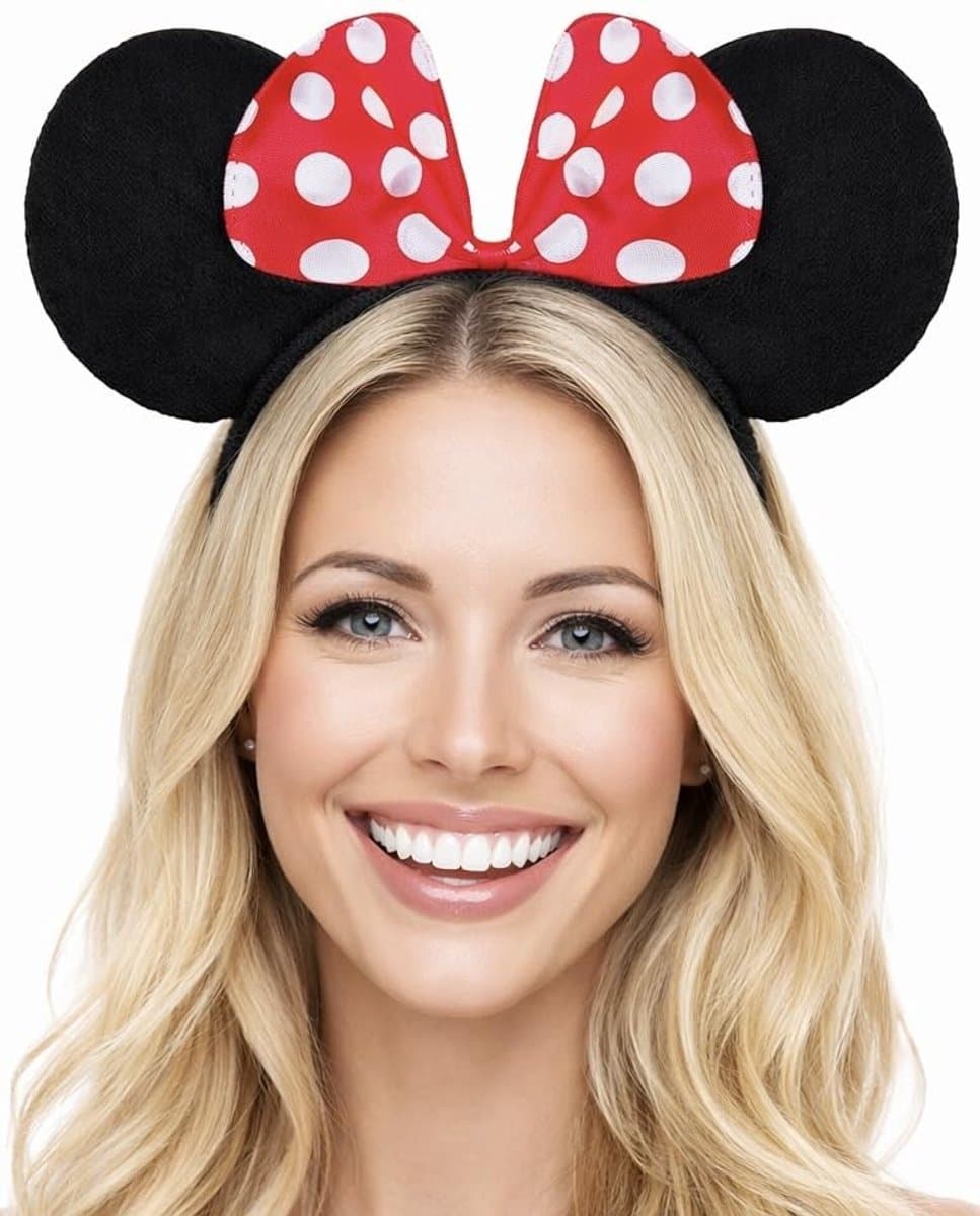 Dailygoods- Haarband met muizenoortjes - Haarband voor kinderen/volwassenen - Gestippelde strik (rood/wit) - Verstelbaar - 100% polyester - Ears ca. 8 cm breed - Hoofdtooi