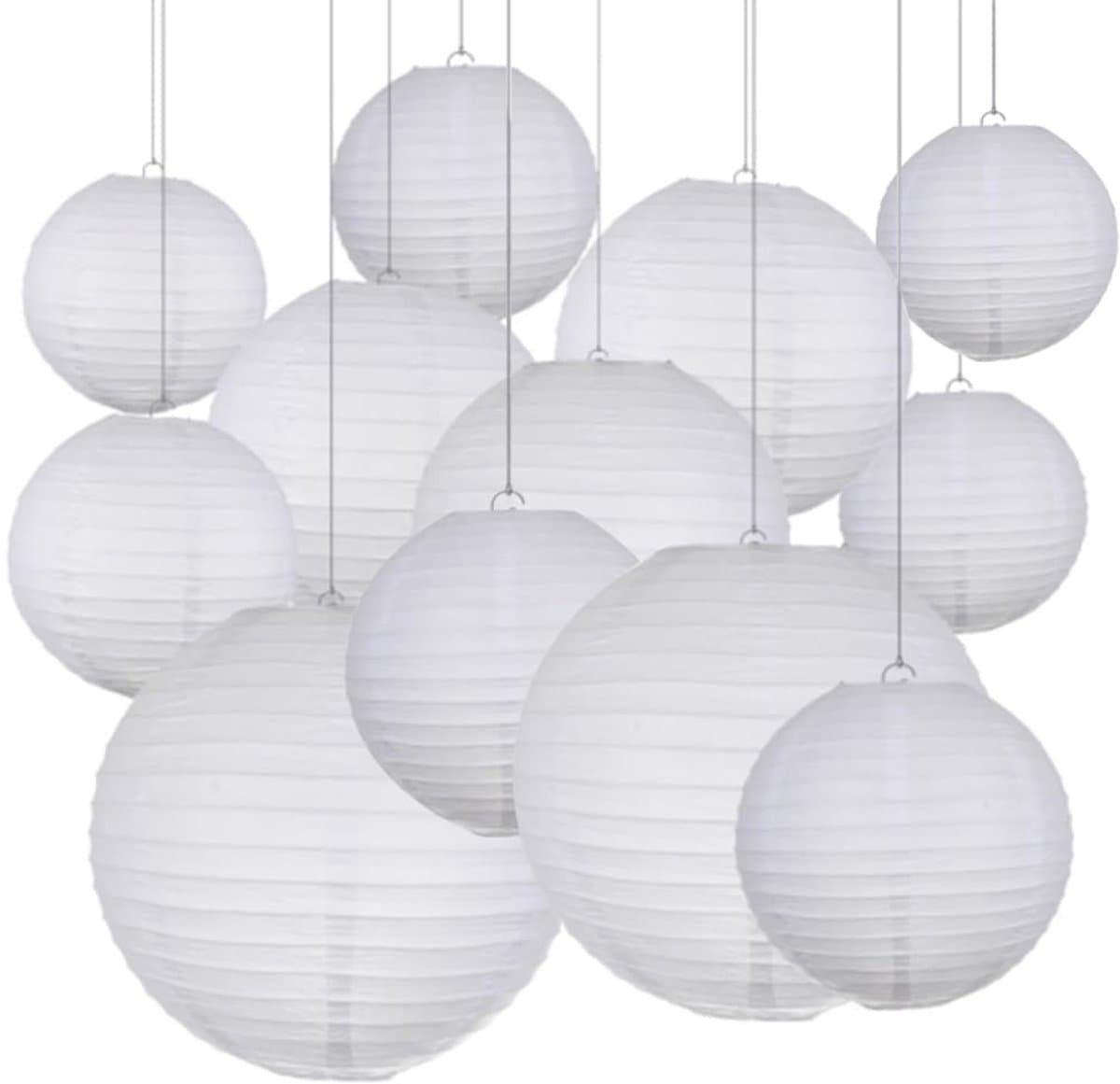 lantaarn, 12 stuks lampions, witte papieren lantaarn, hangende ronde papieren lantaarns voor bruiloft, verjaardag, feesten, tuindecoratie (maten 10/15/20/25/30 cm)