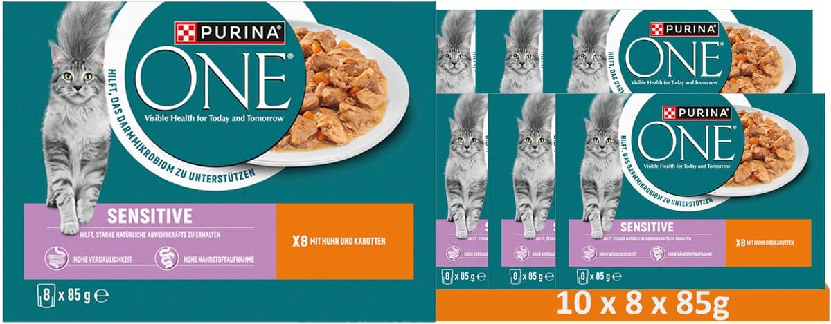 PURINA ONE SENSITIVE 8-pack kattenvoer, zachte stukjes in saus met kip en wortelen (10 x 8 x 85g)