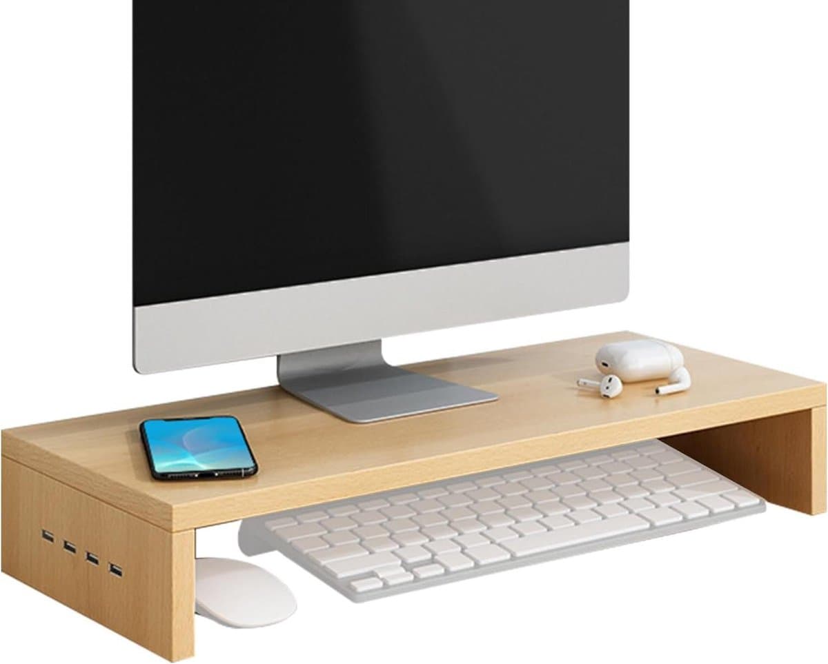 Monitor Verhoger - Bureau Organizer - Bureau Opruimen - Met 4 USB Poorten - 50 cm Lengte - Houtkleur