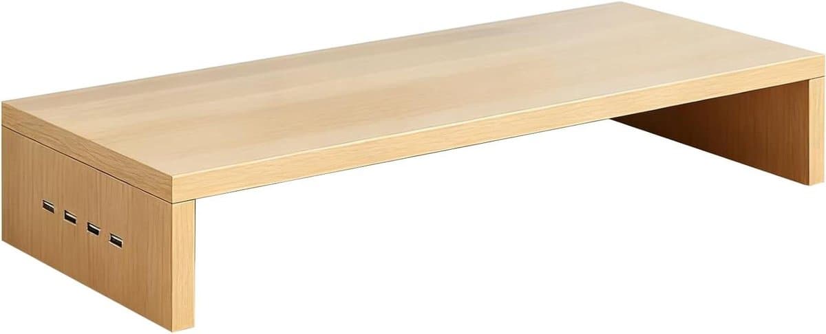 Monitor Verhoger - Bureau Plank - Werkplek Organiseren - Met 4 USB Poorten - 50x20x7.7cm - Houtkleur