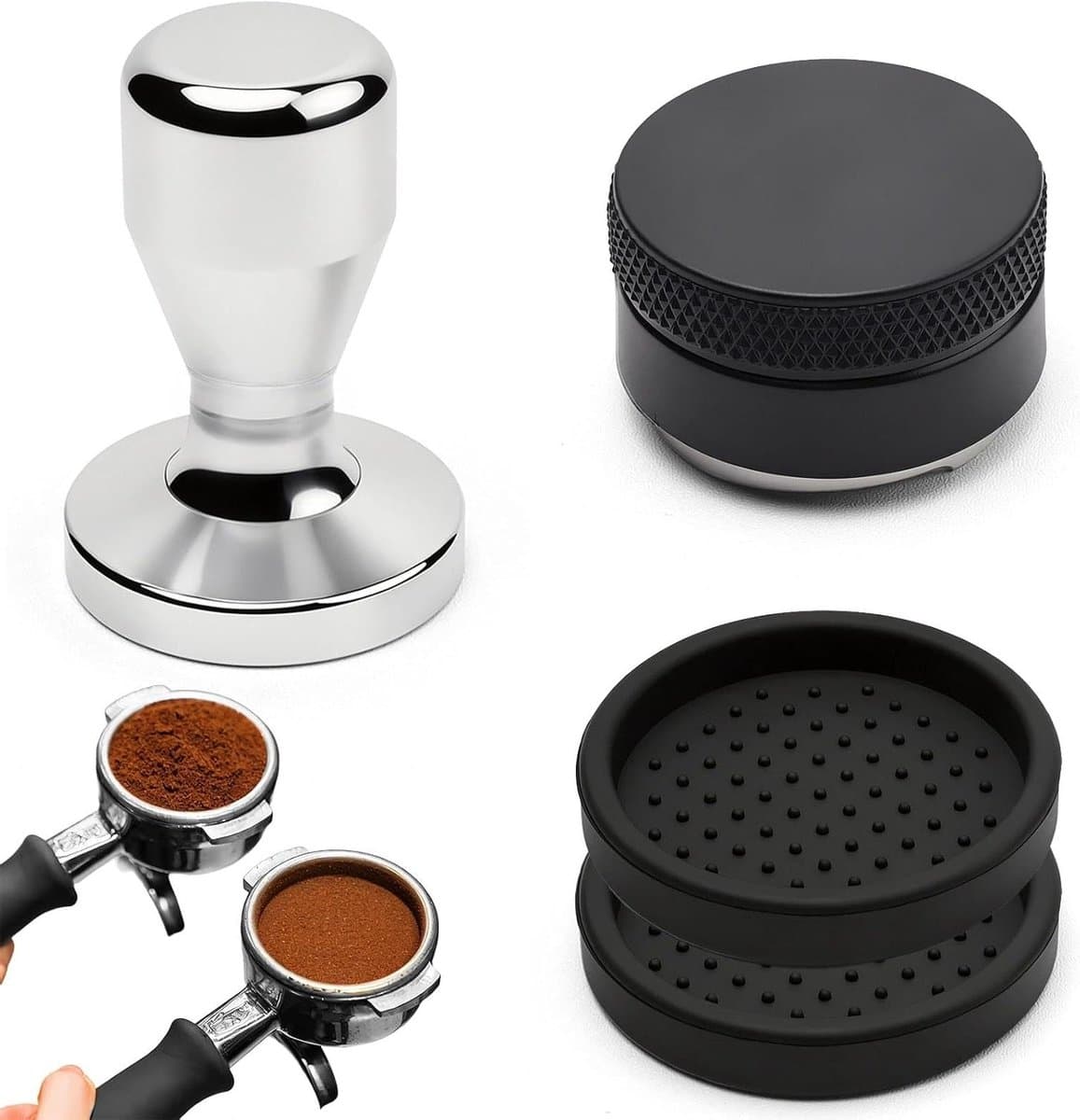 Tamper en Leveler Set van 58 mm van Roestvrij Staal met Siliconenmatten voor Koffiestamper, Espresso Accessoires voor Thuis en Café