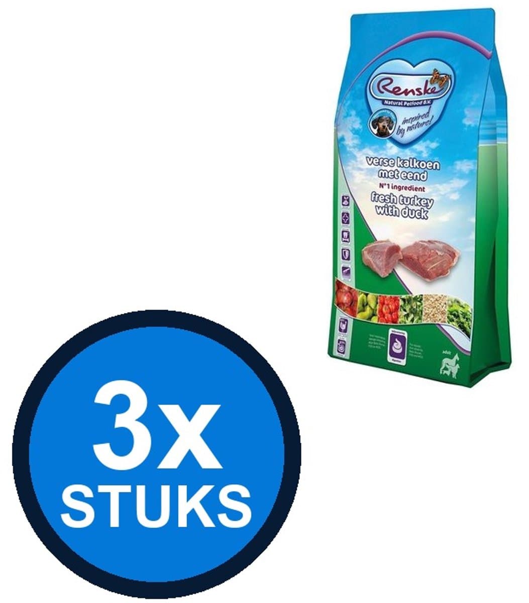 3x Renske - Super Premium droog hond adult kalkoen&eend 2kg - Hondenvoer - 2 kg
