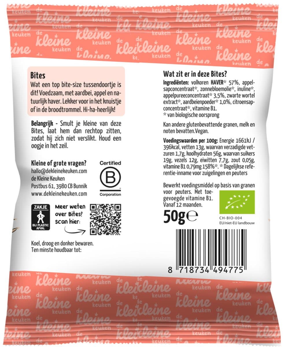 de Kleine Keuken Bio Bites Haver & Aardbei - 4 x 50 gr - Voordeelverpakking