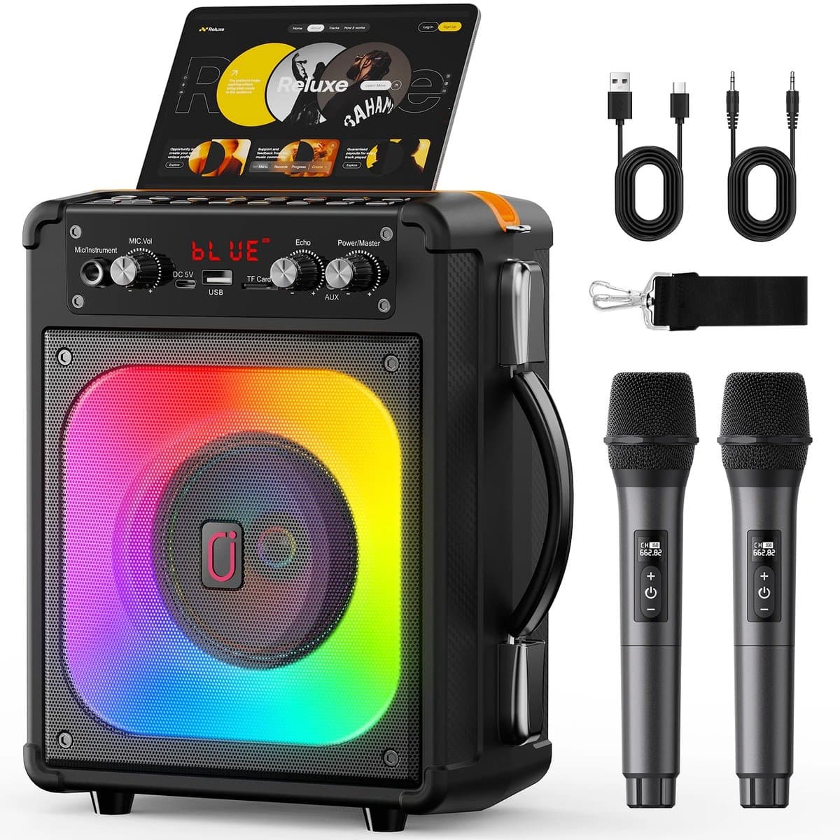 Velmio Karaoke Set - 2 Draadloze Microfoons – 500W - LichtFX & opnamefunctie - Verschillende aansluitingen - Karaoke set voor volwassenen
