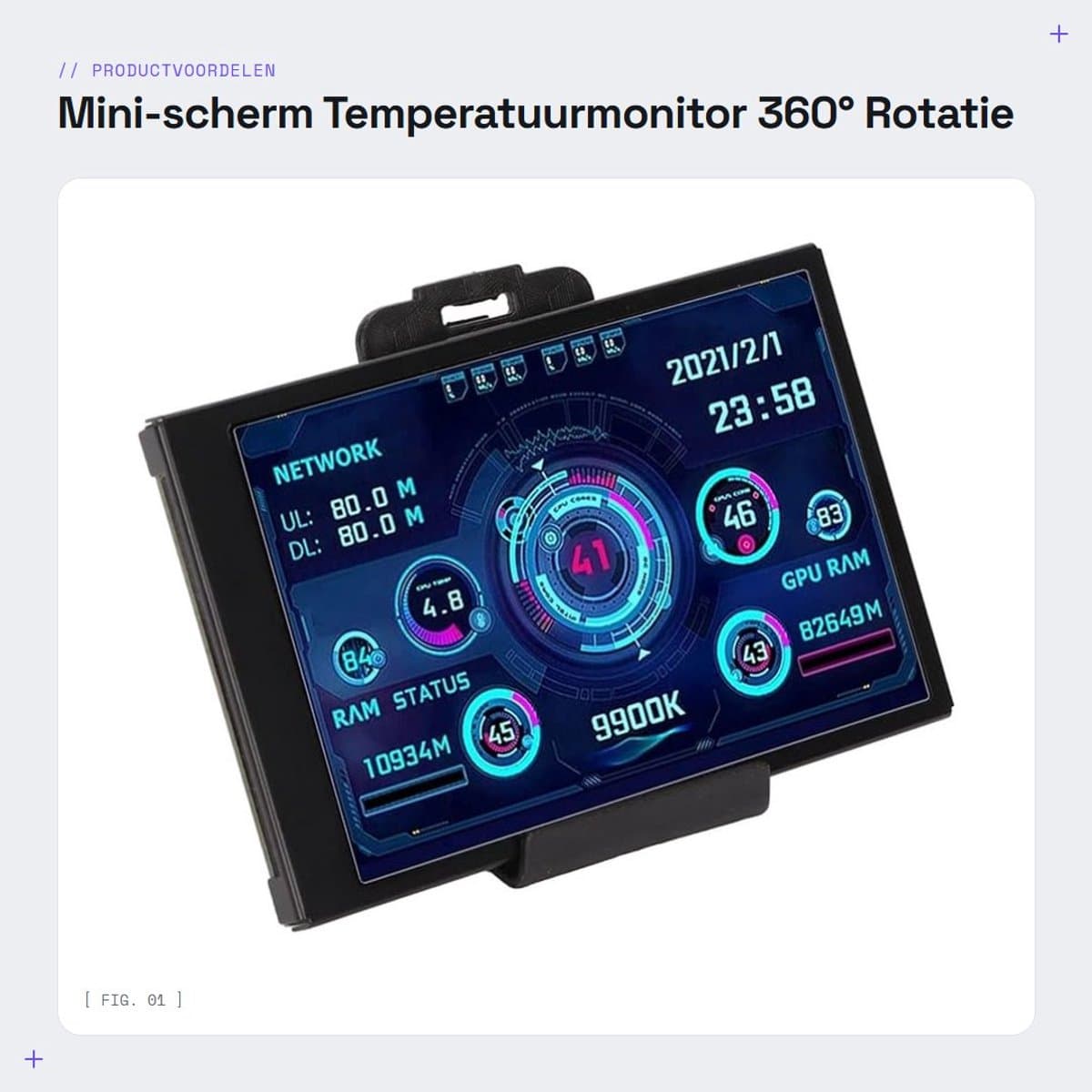 Solidchoice - Mini-scherm - Temperatuurmonitor - 360° Rotatie - Zwart - CPU GPU RAM-weergave - Informatieve weergave - Geschikt voor pc - Compact formaat