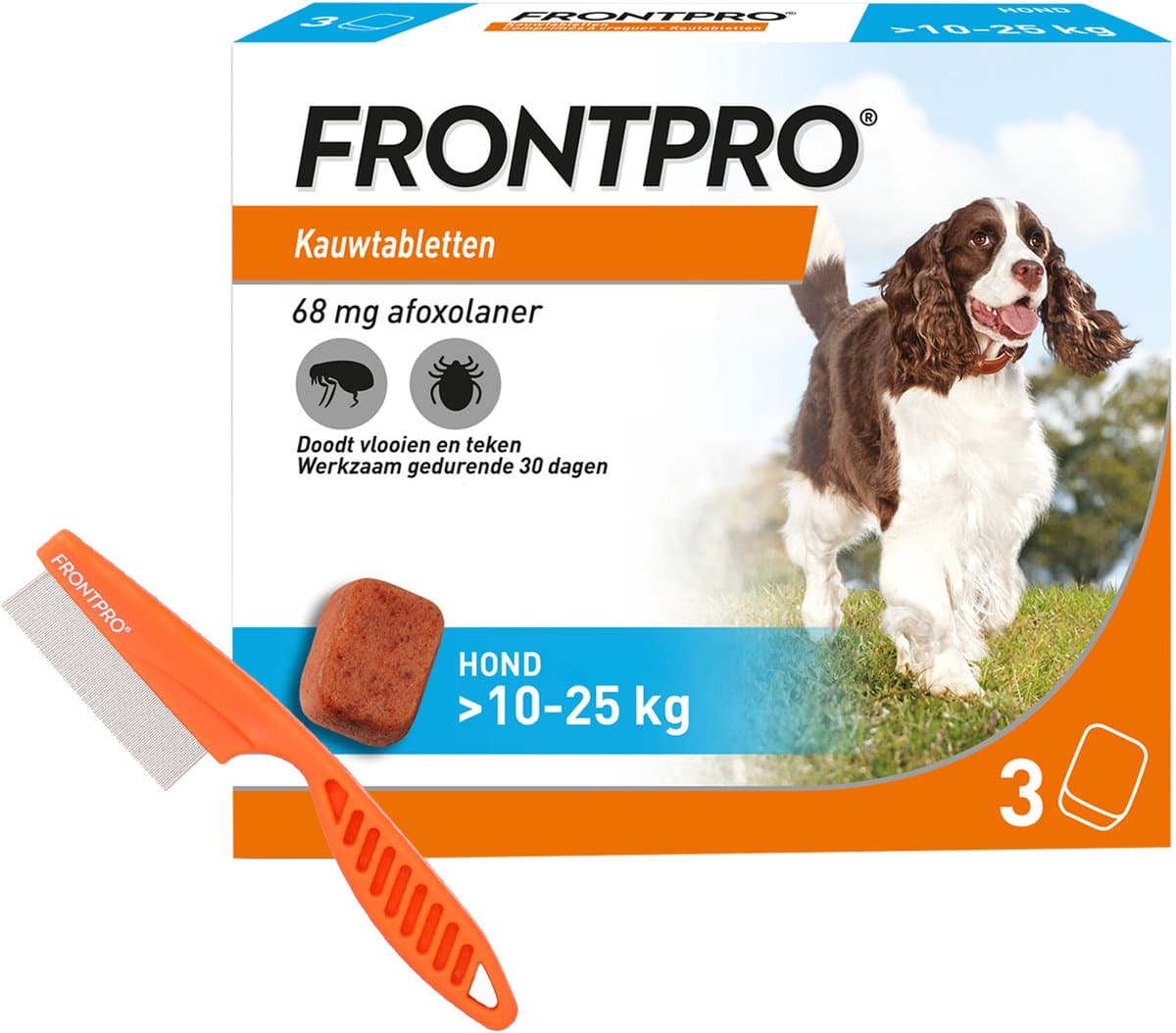 FRONTPRO L - Vlooien en Teken Hond Tablet - 10 tot 25 kg - 3 Tabletten - Inclusief Gratis Vlooienkam