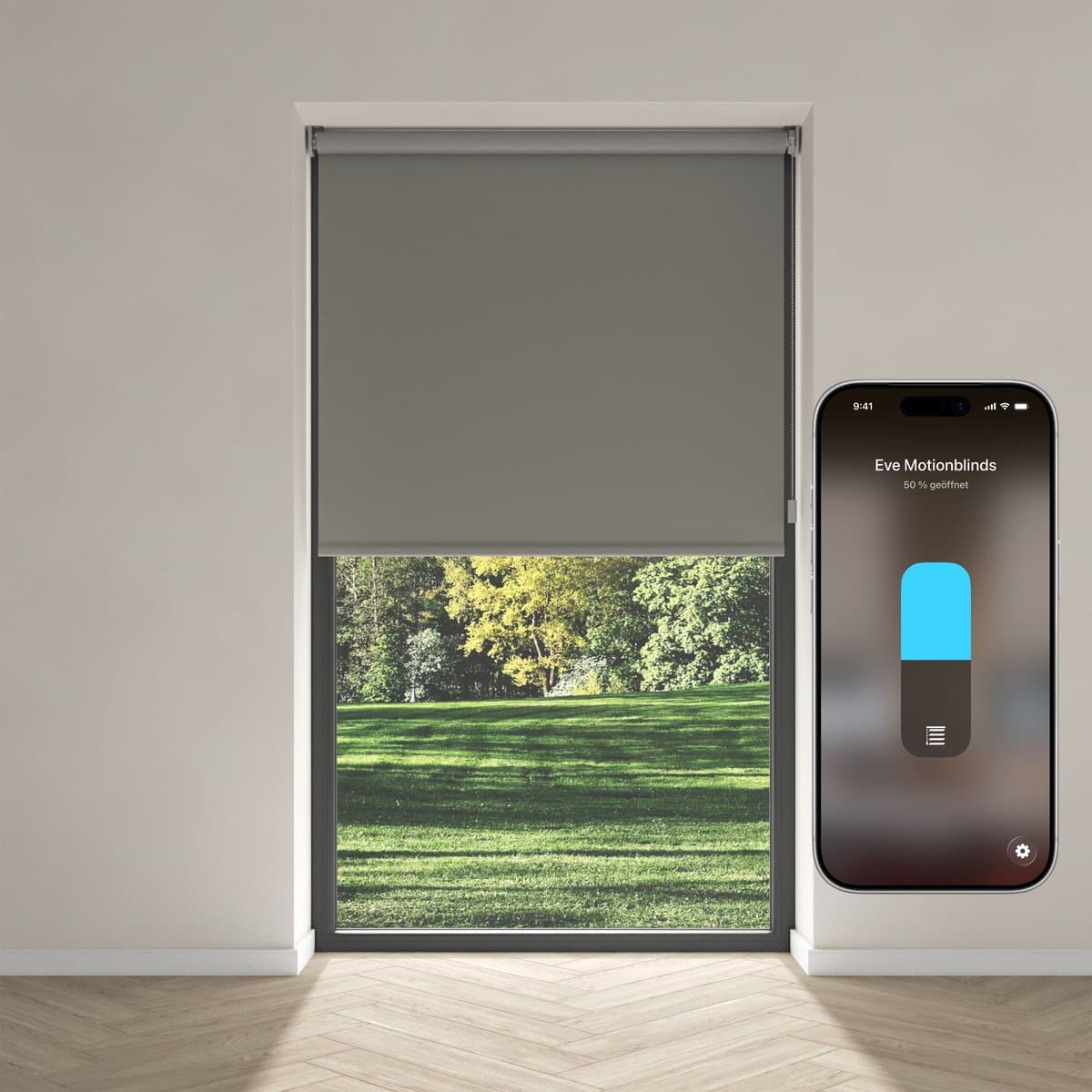 Eve Motionblinds (Matter) - Slim elektrisch rolgordijn voor binnen, app-/spraakbediening, schema's, verduisterend, oplaadbare accu, vrijhangend, schroefmontage, automatiseringen, vereist een hub, grijs - 140x190cm