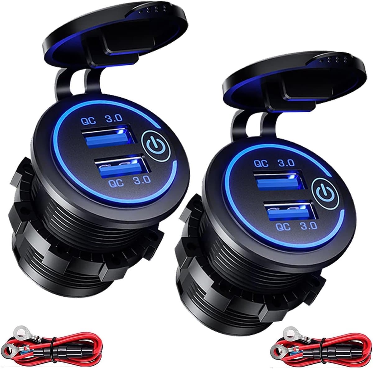 Thijox - (2 Stuks) 2-poorts USB Lader Voor Auto, QC 3.0 36W Snelle Lading Met Schakelaar En Blauwe LED, Waterdicht En Stofdicht Voor 12V~24V Auto Boot