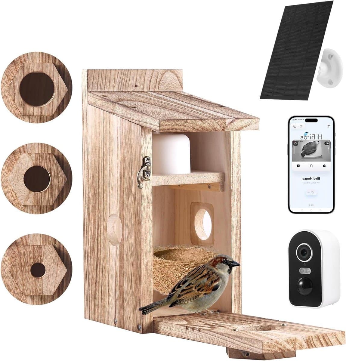 Vogelhuisje met Camera - Nestkast Buiten - Vogels Observeren - 5MP Kleuren Nachtzicht - Zonne-energie - Houtkleurig