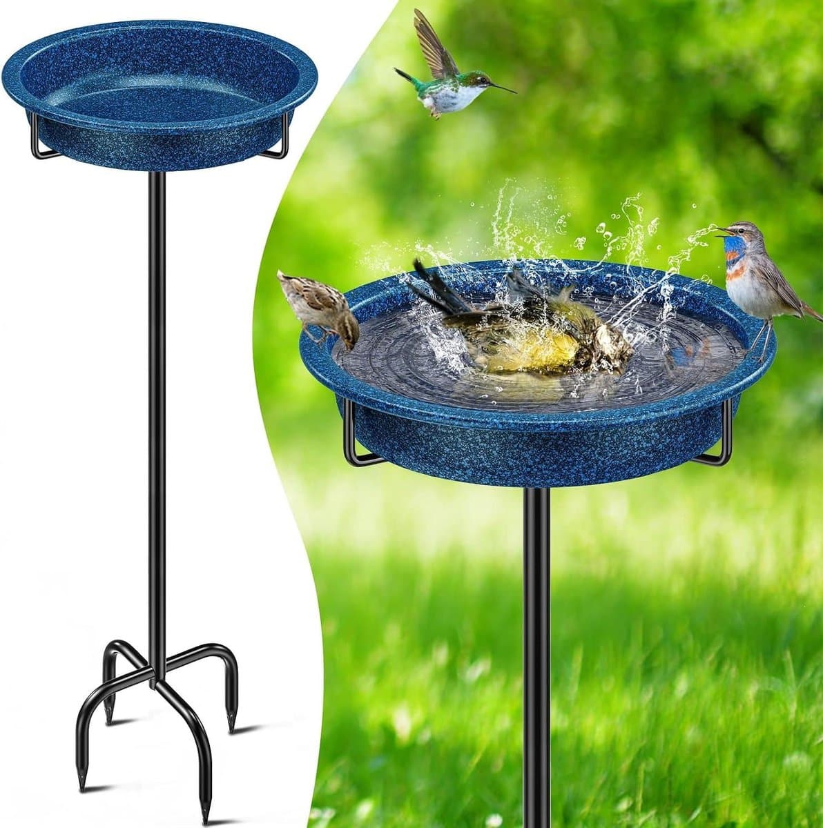Vogelvoeder en drinkbak - Voedertafel bad - Vogels voeren baden - Stabiele grondpennen - 102 cm hoog - Blauw