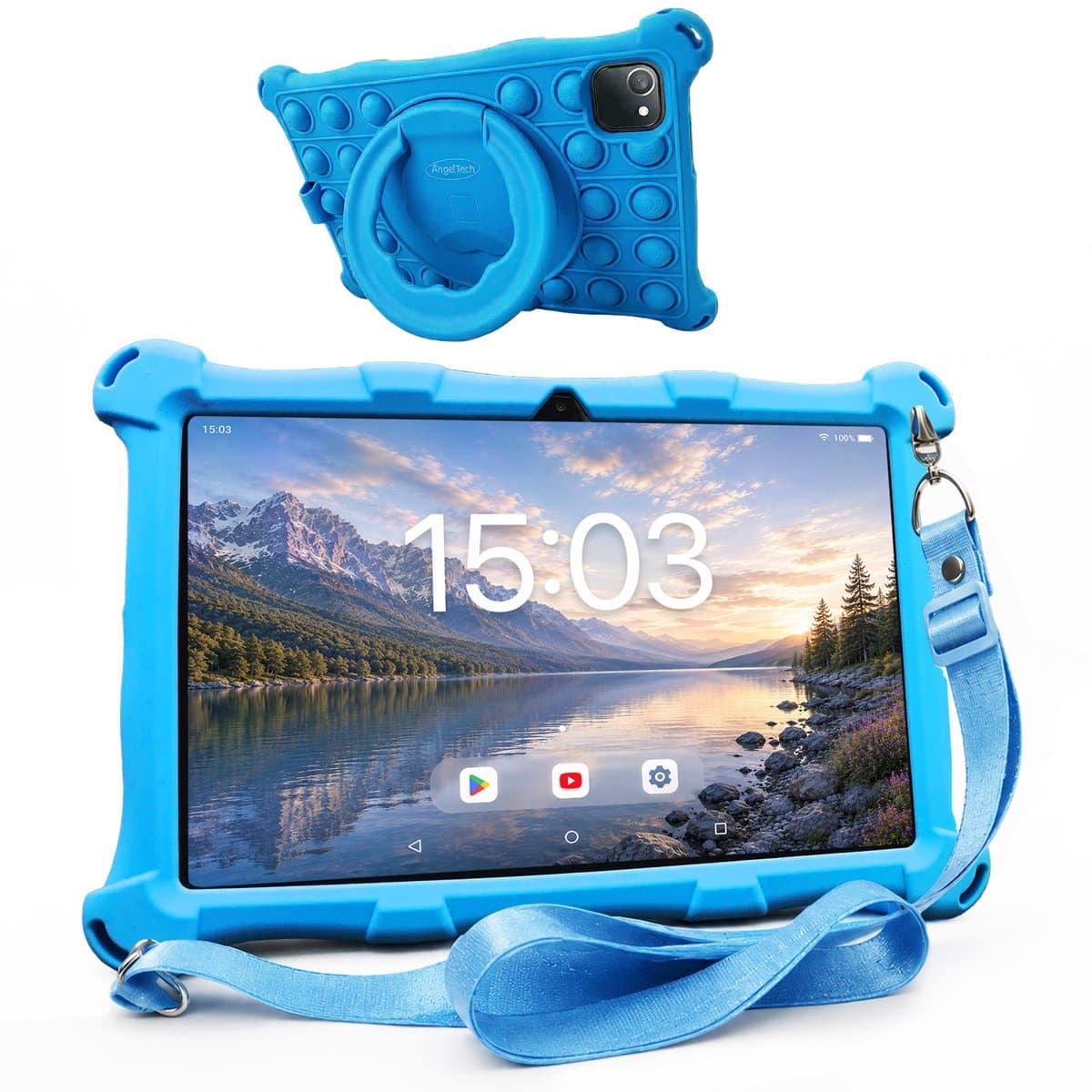 AngelTech Kindertablet XL – 3+4GB RAM - 32+64GB – Android 14 - 100%Kidsproof - Extra Groot – Vanaf 3 Jaar - Ook Voor Volwassen Gebruik - 10 Inch - Ouderlijk Toezicht – Fidgy Beschermhoes – Blauw