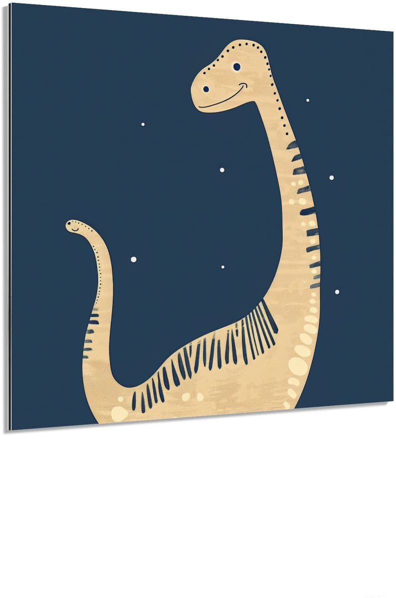 Vriendelijke dinosaurus blauw - Schilderij 100x100 cm - Wanddecoratie op Aluminium Dibond - Aluminium Wandpaneel