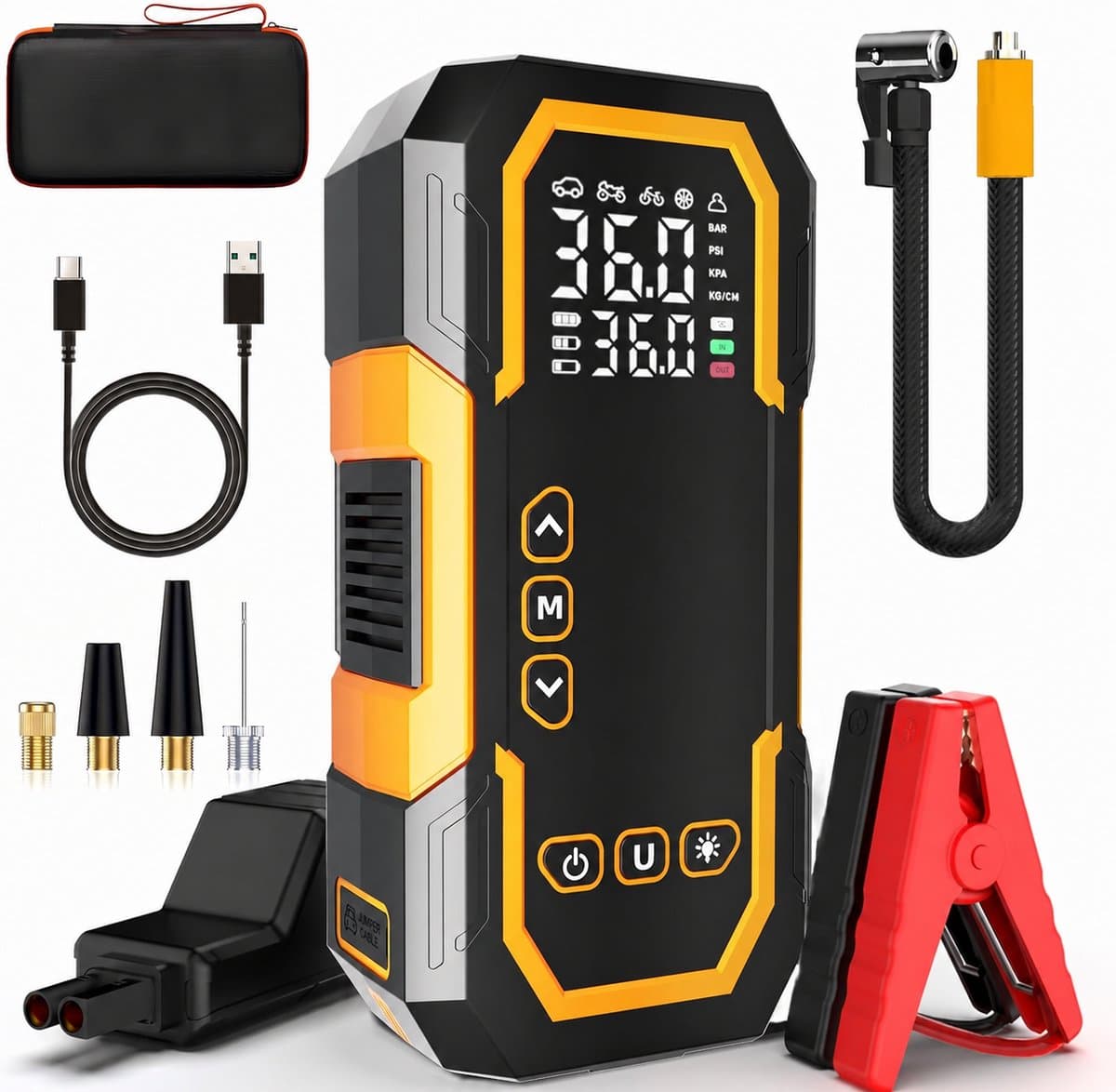 ZOSUDULL-Jumpstarter- Jumpstarter voor auto-4-in-1 met compressor - 1500A - Voor9,0 L benzine en 6,5 L diesel 150 PSI bandenpomp met automatische stop -10000mAh powerbank - LED-noodlamp - 12V - Zwart/geel