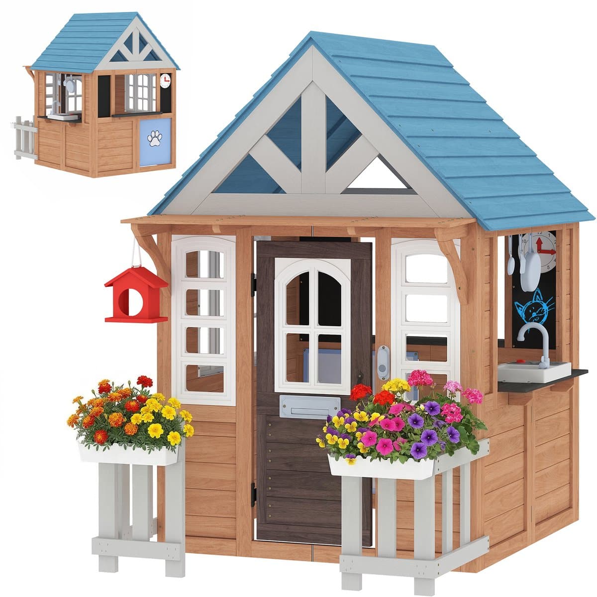 TEKROA® Houten Speelhuisje - Met Speelkeuken - Buiten & Binnen Kinderspeelhuis met Krijtbord, Brievenbus en Hondenluik
