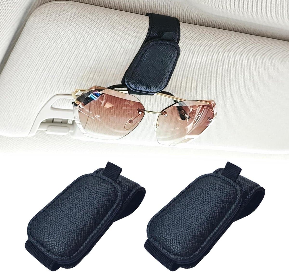 Zonnebrilhouder Auto - Brillenclip Zonneklep - Auto Interieur Organiseren - Magnetische Leer - 2 Stuks - Zwart