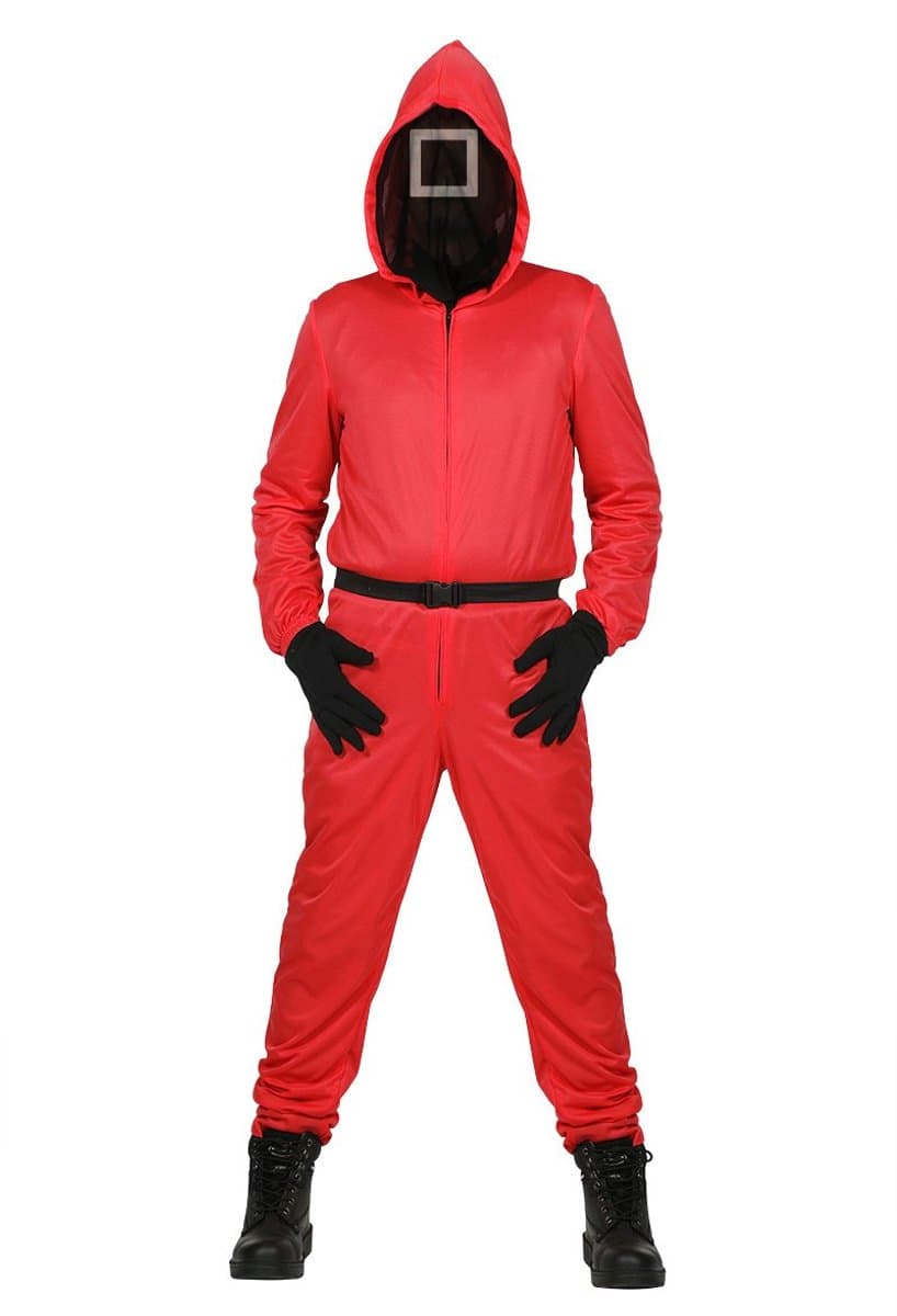 Squid Game Pak Rood Met Masker Vierkant - Maat XL
