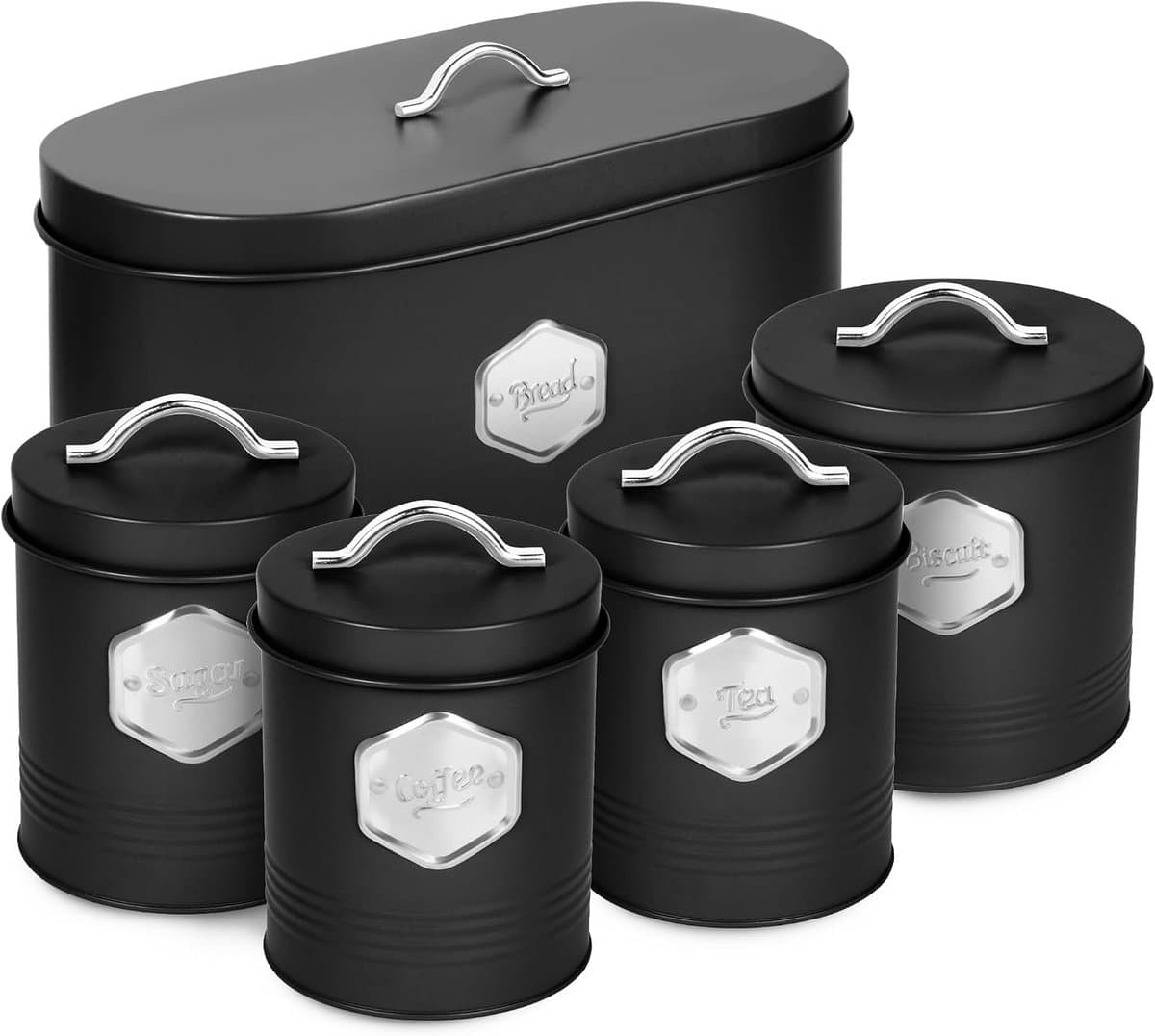 Black Kitchen Canister Set - Stijlvolle 5-delige Keuken Opbergbussen voor Brood, Koekjes - Suiker Koffie Thee Opbergset met Luchtdichte Deksels, Gelabelde Containers (5 stuks)