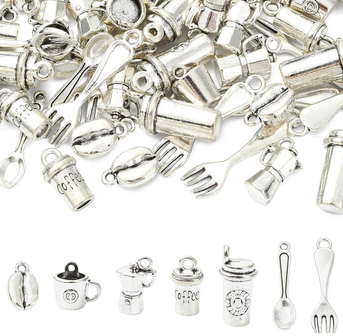 Dailygoods- Charms Antiek Zilver - 70 Stuks Voordeelpakket - 7 Stijlen Koffiethema - Bedels voor DIY Sieraden - Zinklegering - Maat 10,5-30,5 mm