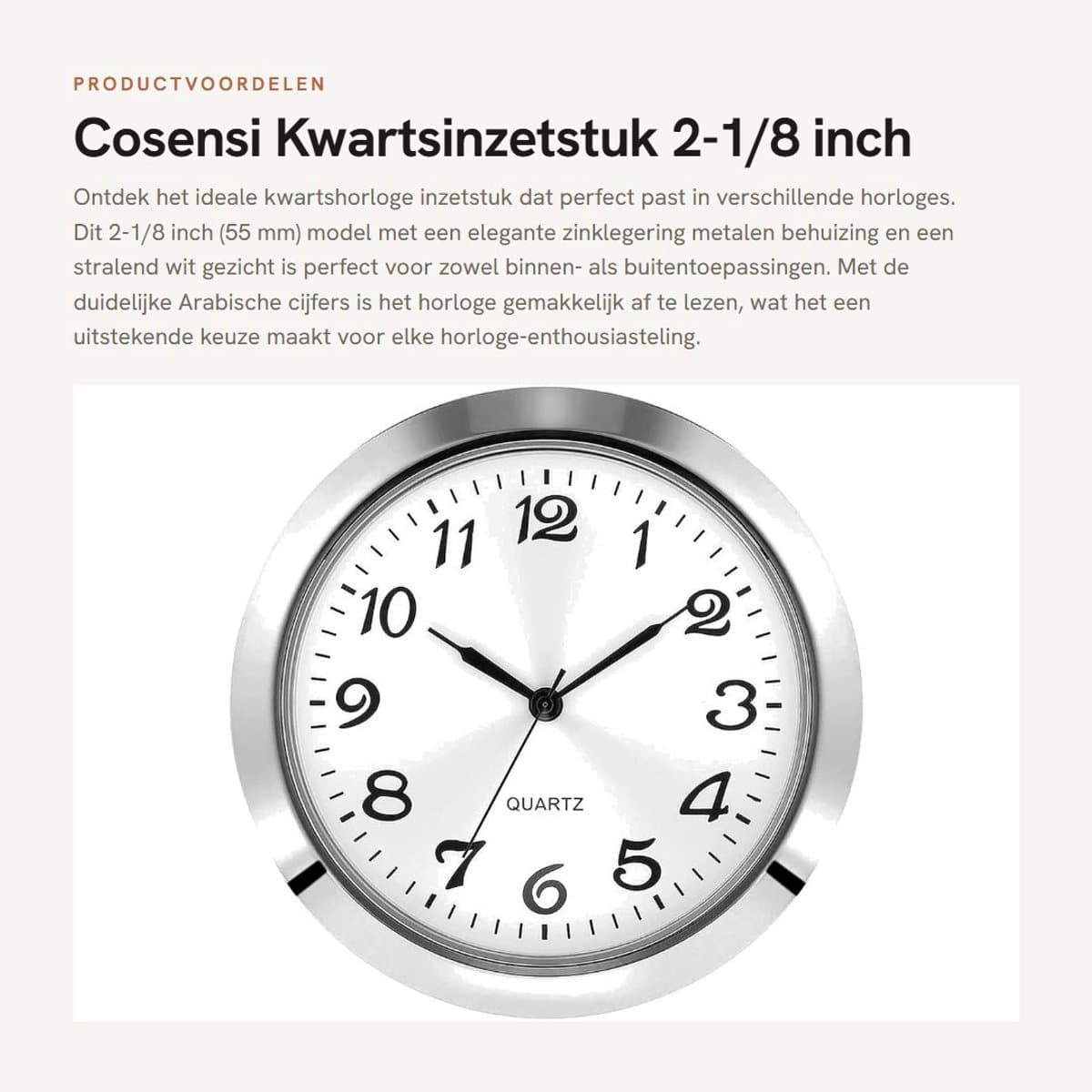 Dailygoods - Kwartsinzetstuk 2-1/8 inch - Zinklegering Behuizing - Wit Gezicht - Arabische Cijfers - Perfect voor Horloges - Batterij Aangedreven