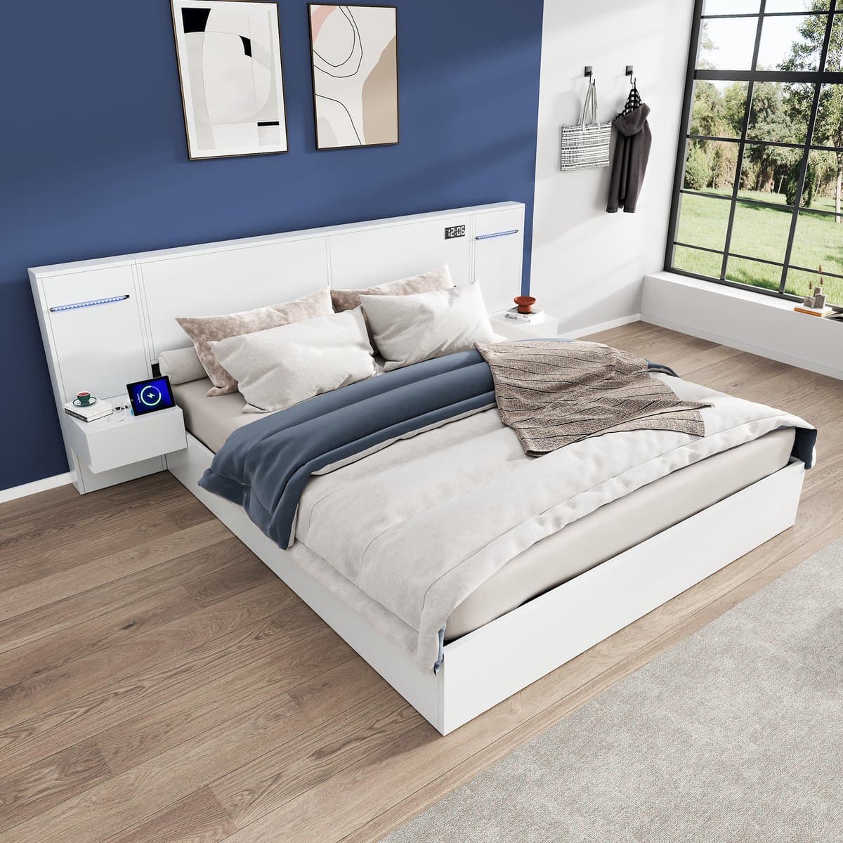 REDOM - Dubbelbed met geïntegreerde opbergruimte en twee nachtkastjes - MDF bedframe met lattenbodem - Met USB-aansluiting, Bluetooth-luidspreker, digitale klok en verlichting - Modern - Slaapkamer - MDF - Wit - 160 x 200 cm