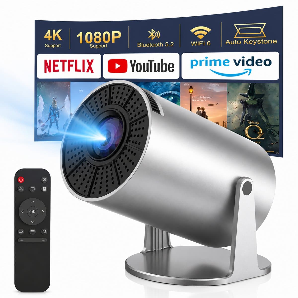 Mini Beamer met WiFi 6 & Bluetooth – Draagbare Projector met Android 11 – 1080p HD – 200 ANSI – 220° Draaibaar