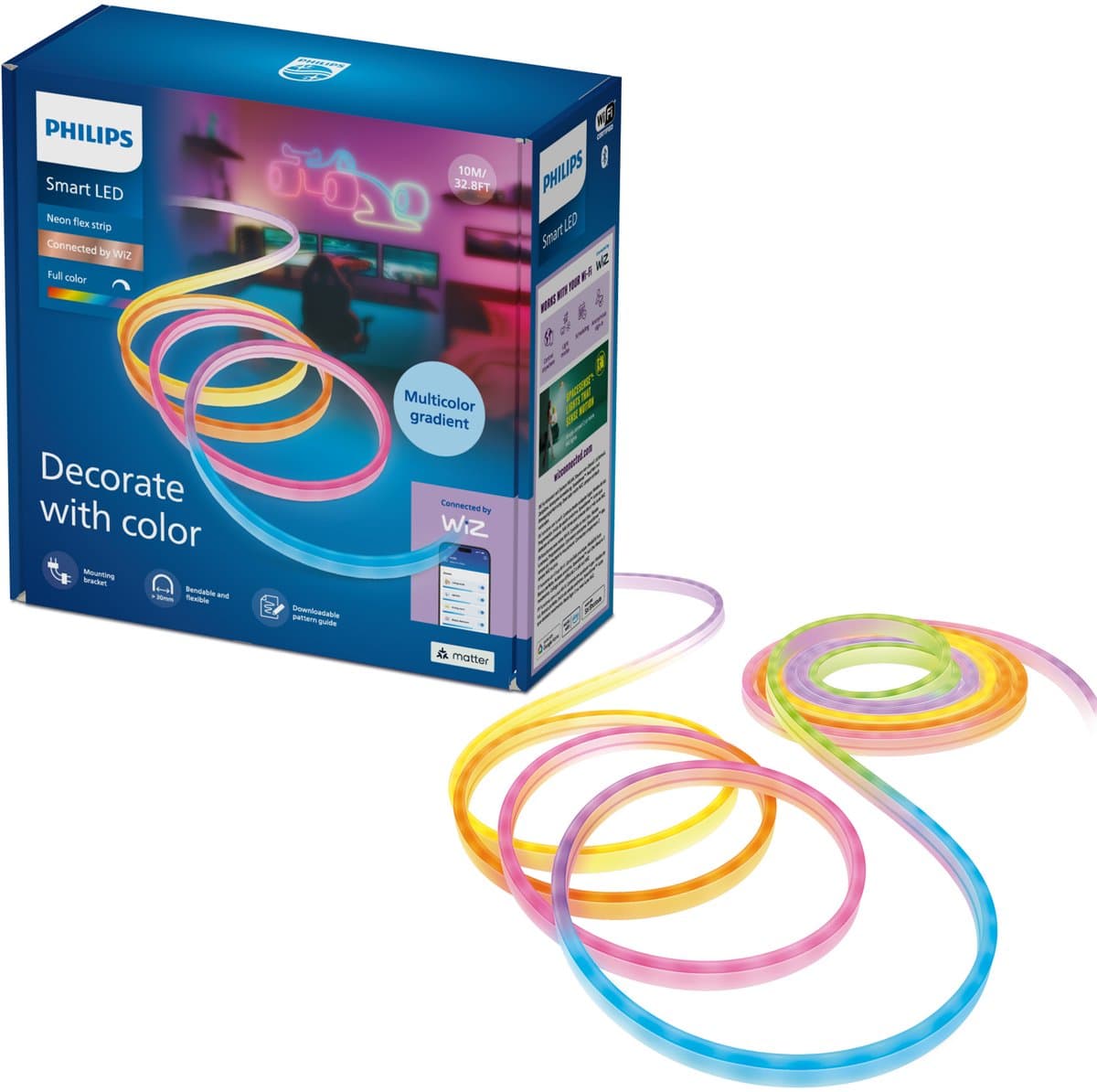Philips Smart Lighting - Neon Flex - Buigbare LED strip - Lengte: 10m - RGBIC - Gekleurd en instelbaar wit licht - Muzieksynchronisatie - Werkt met de WiZ app - Wifi