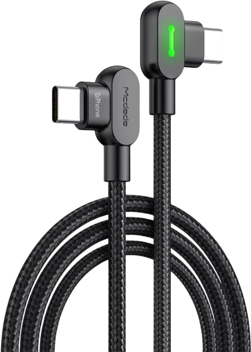 DrPhone AngleCharge USB-C naar USB-C Kabel 60W PD – Dubbel 90° Haaks – LED – Nylon – 1,5m – Zwart