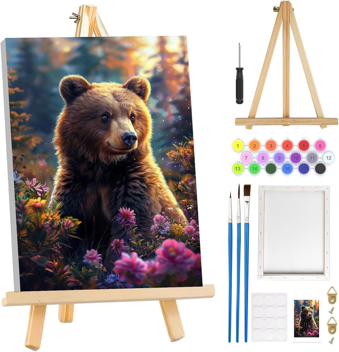 SnelShoppen - Schilderen op Nummer voor Kinderen en Volwassenen, Inclusief Canvas van 20x20 cm, Lijst en Easel, Creatieve DIY Kunstset met Schattige B