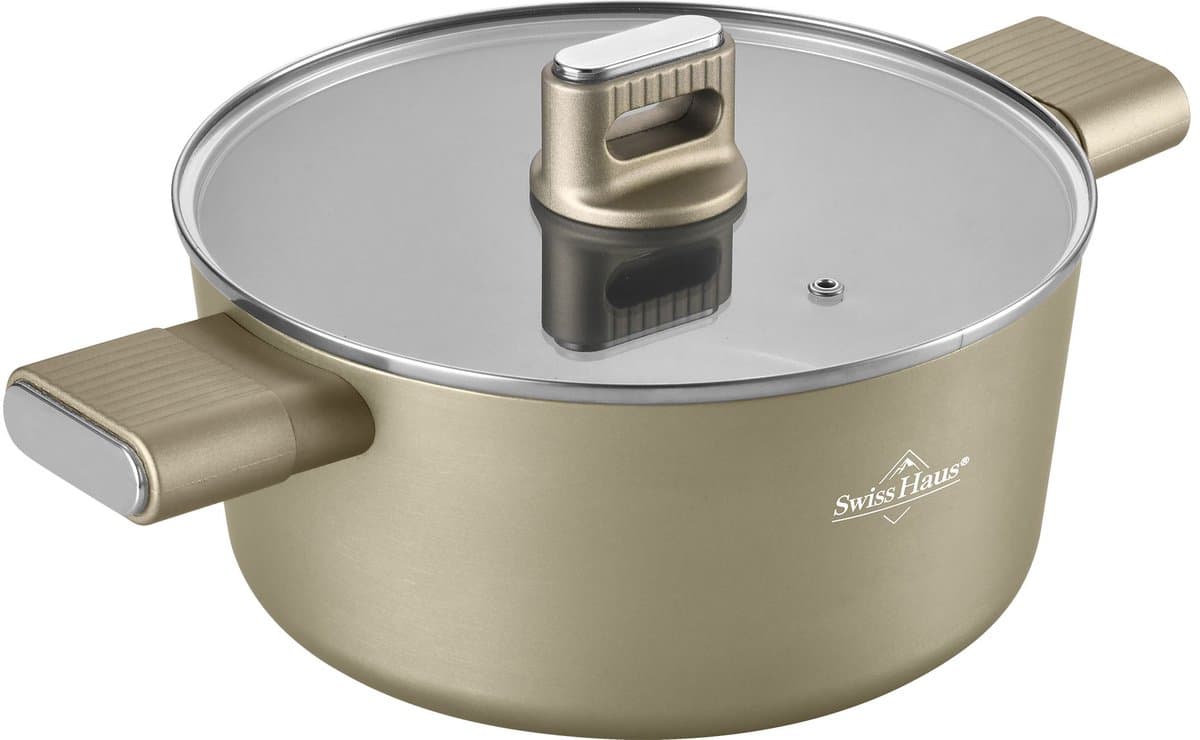 Swiss Haus® SCC28CH Braadpan Inductie Ø 28 cm – 5.7L Soeppan – PFAS Vrij – Sapphire™ Keramische Antiaanbaklaag – Pan Met Glazen Deksel – Geschikt Voor Alle Warmtebronnen – Champagne